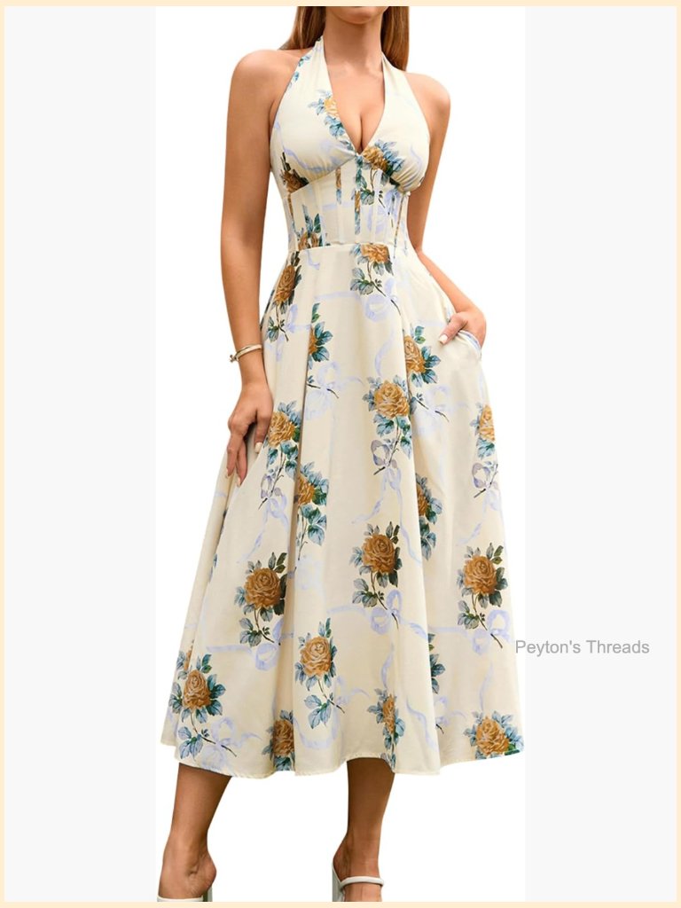 Floral Halter Corset Midi Sun Dress V Neck Bow Tie Smocked Back Flowy Pockets